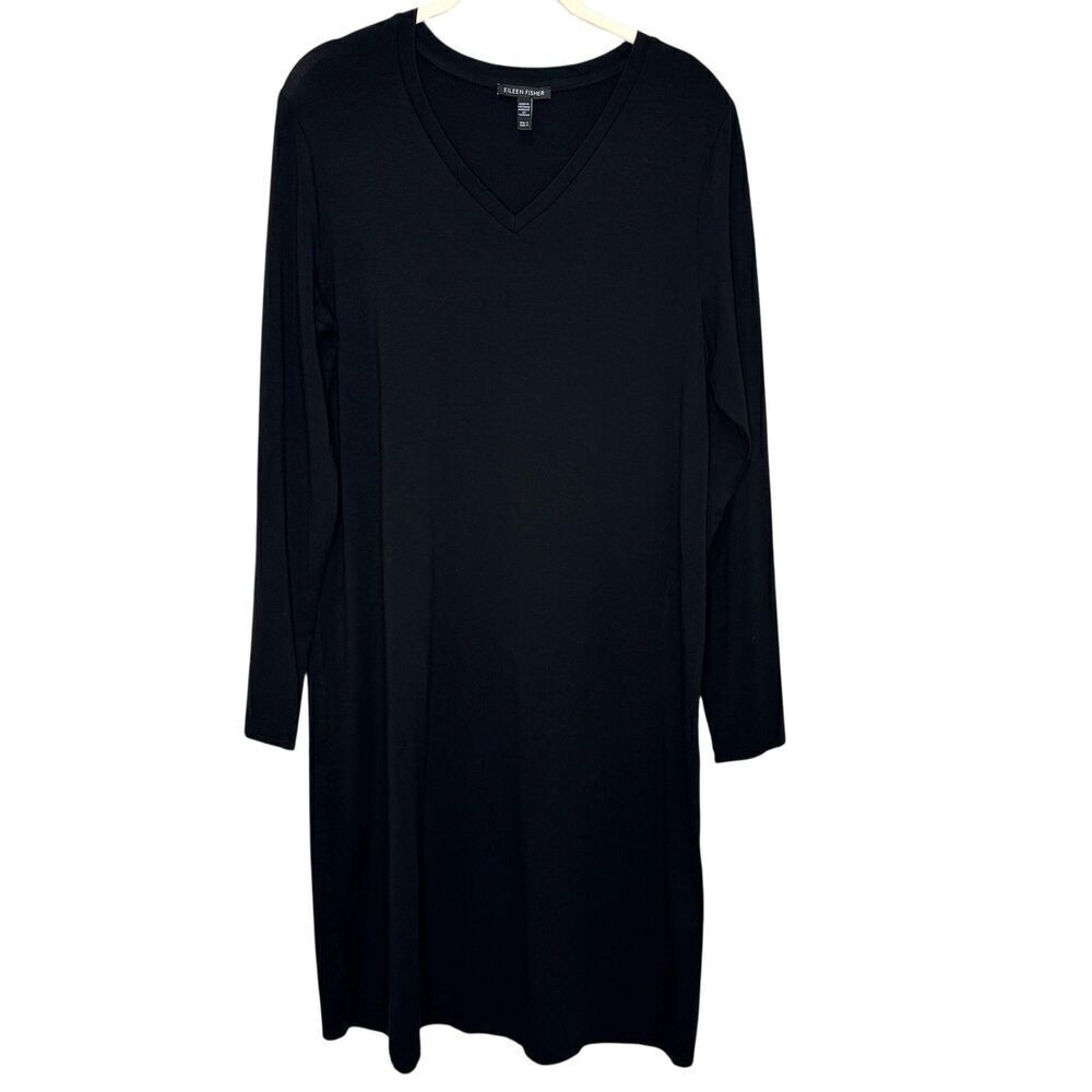 Eileen Fisher Dress Small Black Long Sleeve V Neck Tencel Knit Minimalist System